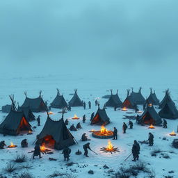 Create an image of a primal barbarian tribe camp set in a frozen tundra