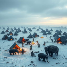 Create an image of a primal barbarian tribe camp set in a frozen tundra