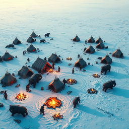 Create an image of a primal barbarian tribe camp set in a frozen tundra