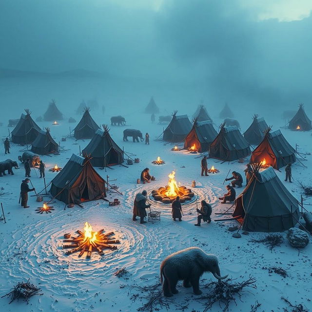 Create an image of a primal barbarian tribe camp set in a frozen tundra