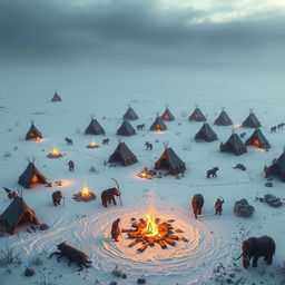 Create an image of a primal barbarian tribe camp set in a frozen tundra