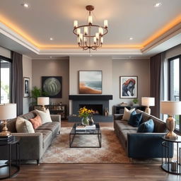 A beautifully decorated living room featuring modern furniture, elegant lighting, and tasteful decor