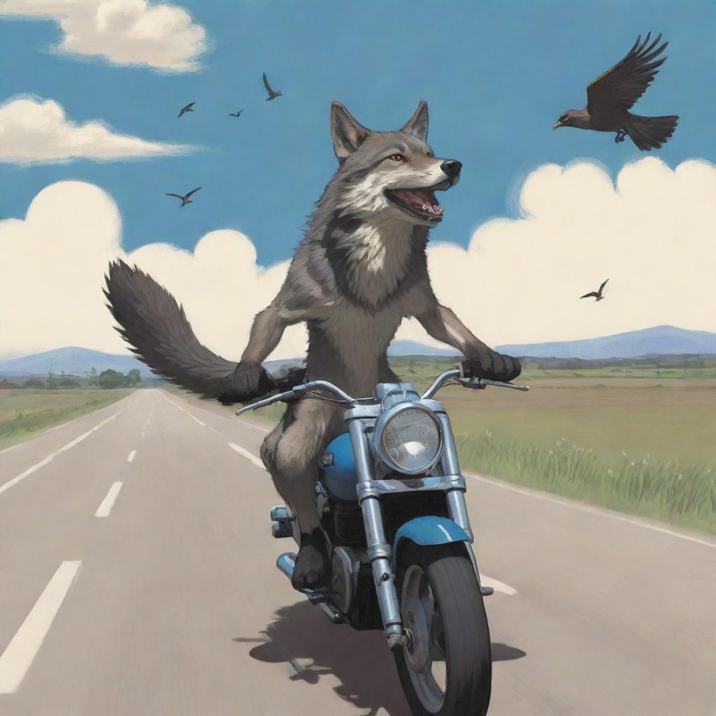 A cartoon scene of a bold wolf riding a motorbike on an open road, with a bird soaring overhead, both enveloped by a landscape where somewhere subtly says 'MES'.