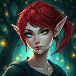 A female elf with one blue eye and one green eye, and red hair