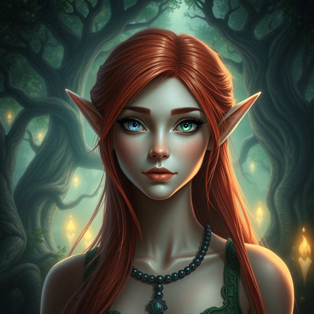 A female elf with one blue eye and one green eye, and red hair