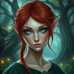 A female elf with one blue eye and one green eye, and red hair