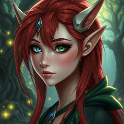 A female elf with one blue eye and one green eye, and red hair