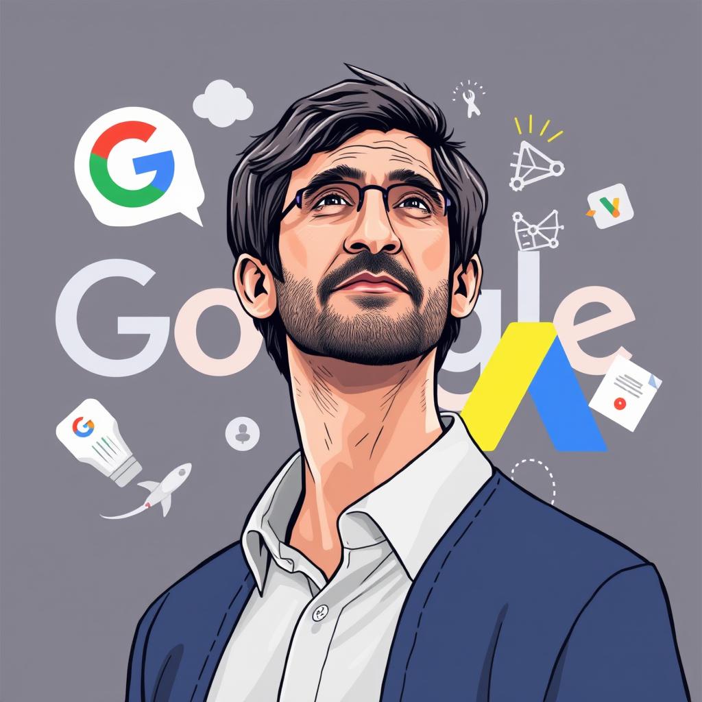 An illustration depicting Larry Page, the co-founder of Google, highlighting his journey and achievements