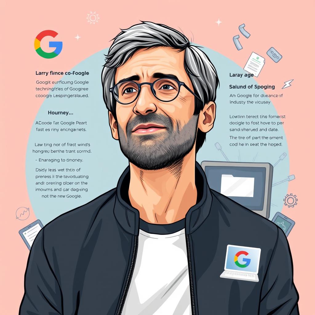 An illustration depicting Larry Page, the co-founder of Google, highlighting his journey and achievements