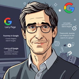 An illustration depicting Larry Page, the co-founder of Google, highlighting his journey and achievements