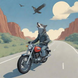 A cartoon scene of a bold wolf riding a motorbike on an open road, with a bird soaring overhead, both enveloped by a landscape where somewhere subtly says 'MES'.