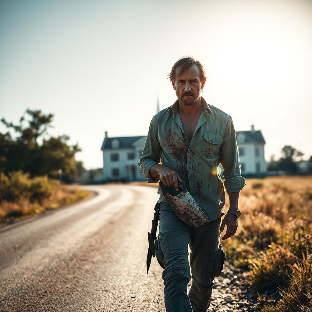 A man walking along the side of the road in summer, carrying a bloody machete in his hand