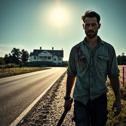 A man walking along the side of the road in summer, carrying a bloody machete in his hand