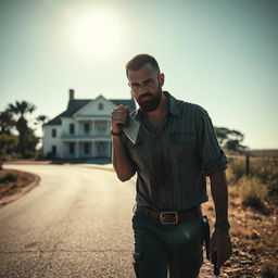 A man walking along the side of the road in summer, carrying a bloody machete in his hand