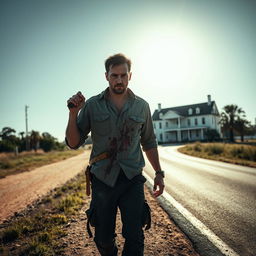 A man walking along the side of the road in summer, carrying a bloody machete in his hand