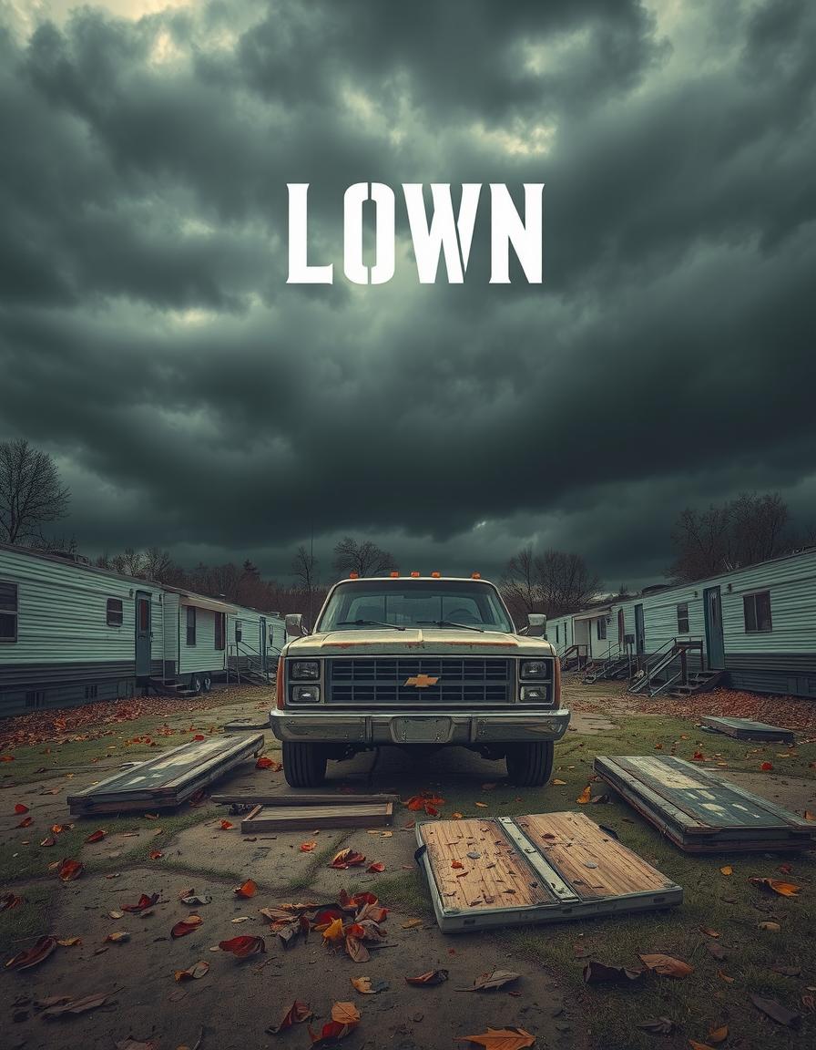 Create a movie poster featuring a dilapidated mobile home park and an 80s Chevy Truck under a cloudy autumn sky