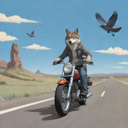 A cartoon scene of a bold wolf riding a motorbike on an open road, with a bird soaring overhead, both enveloped by a landscape where somewhere subtly says 'MES'.