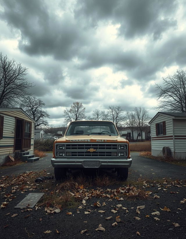 Create an image featuring a dilapidated mobile home park and an 80s Chevy Truck under a cloudy autumn sky, emphasizing decay and neglect