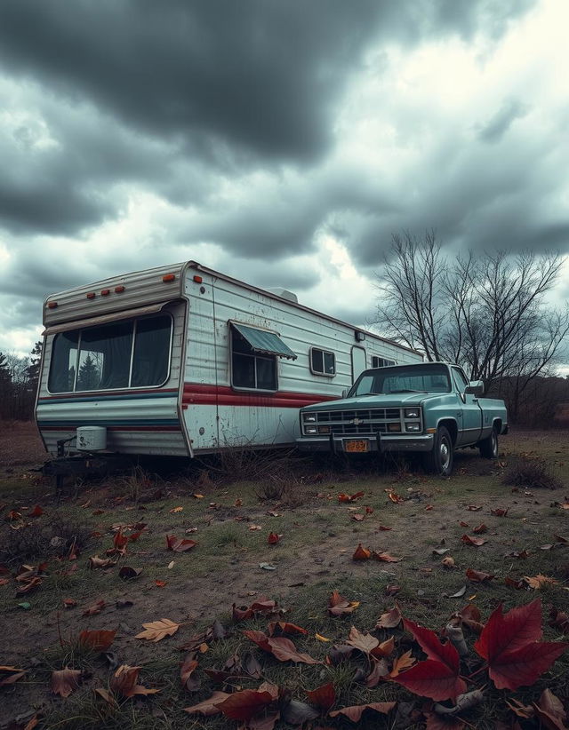 Create an image featuring a dilapidated mobile home and an 80s Chevy Truck under a cloudy autumn sky, emphasizing decay and neglect