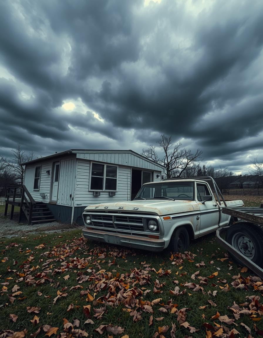 Depict a dilapidated mobile home and an 80s Ford Truck under a cloudy autumn sky, emphasizing decay and abandonment with a muted, desaturated color palette