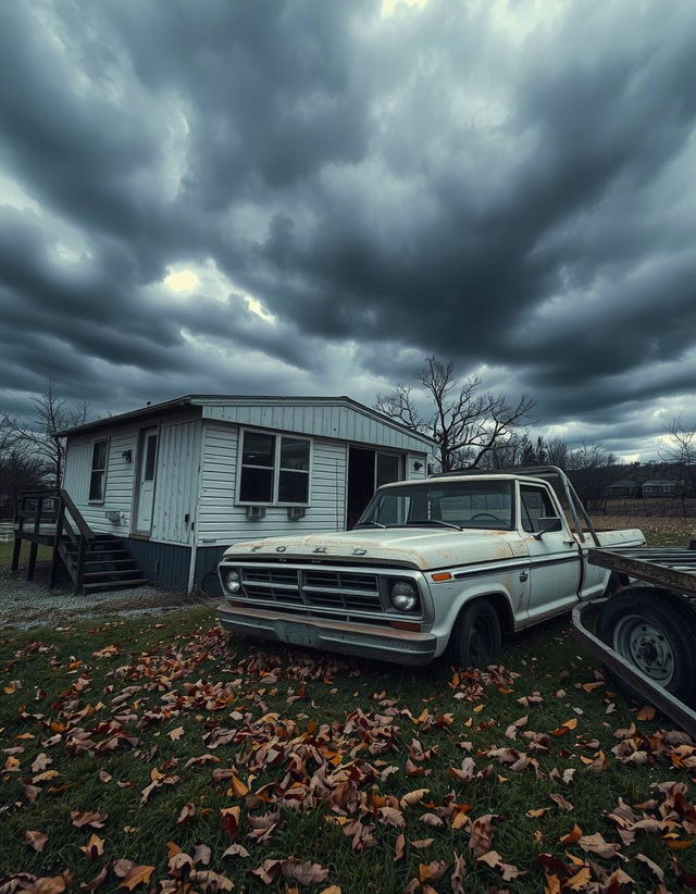 Depict a dilapidated mobile home and an 80s Ford Truck under a cloudy autumn sky, emphasizing decay and abandonment with a muted, desaturated color palette