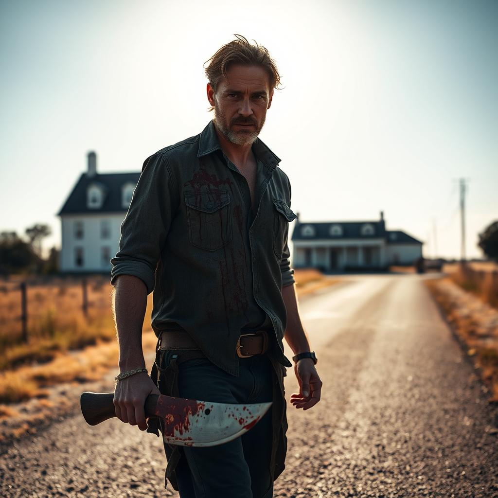 A man walking along the side of the road in summer, carrying a bloody machete in his hand