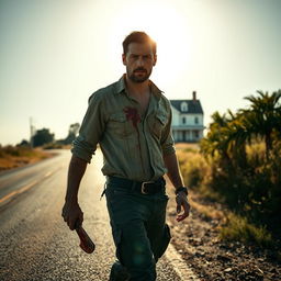 A man walking along the side of the road in summer, carrying a bloody machete in his hand