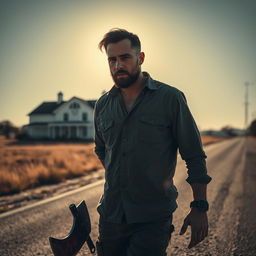 A man walking along the side of the road in summer, carrying a bloody machete in his hand