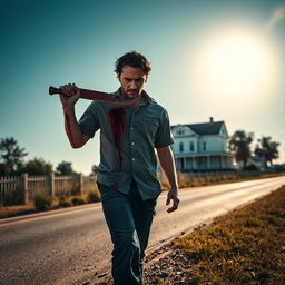 A man walking along the side of the road in summer carrying a bloody machete in his hand