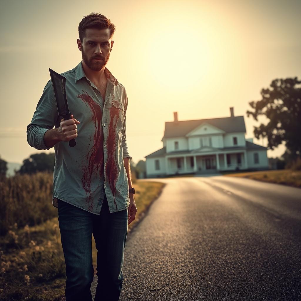 A man walking along the side of the road in summer carrying a bloody machete in his hand