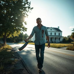 A man walking along the side of the road in summer carrying a bloody machete in his hand