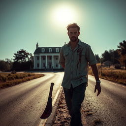 A man walking along the side of the road in summer carrying a bloody machete in his hand