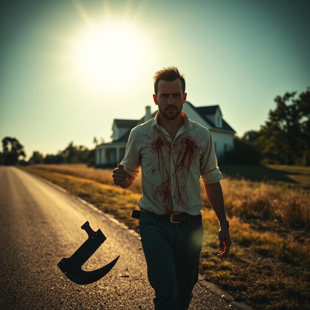 A man walking along the side of the road in summer, carrying a bloody machete in his hand