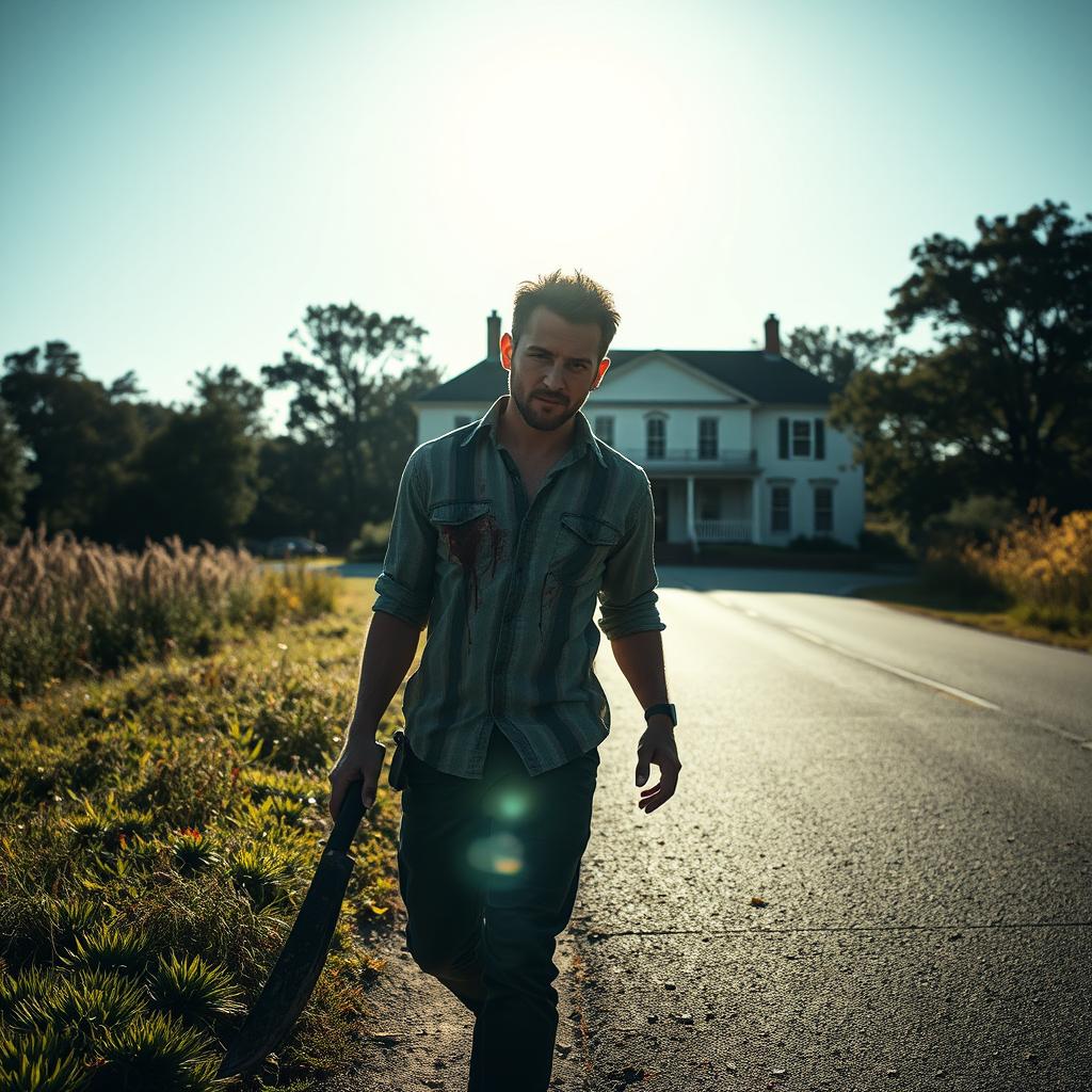 A man walking along the side of the road in summer, carrying a bloody machete in his hand