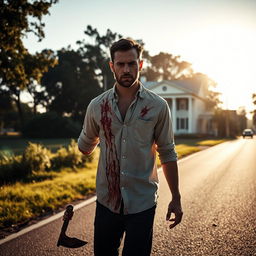 A man walking along the side of the road in summer, carrying a bloody machete in his hand