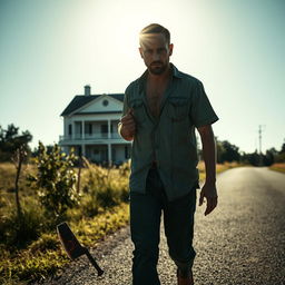 A man walking along the side of the road in summer, carrying a bloody machete in his hand