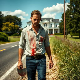 A man walking along the side of the road in summer, carrying a bloody machete in his hand