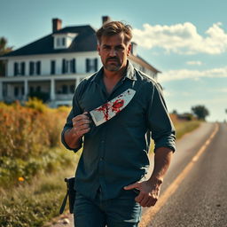 A man walking along the side of the road in summer, carrying a bloody machete in his hand