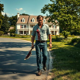 A man walking along the side of the road in summer, carrying a bloody machete in his hand