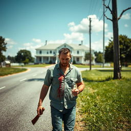 A man walking along the side of the road in summer, carrying a bloody machete in his hand