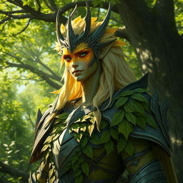 A majestic Summer Eladrin with golden markings on their face