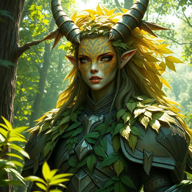 A majestic Summer Eladrin with golden markings on their face