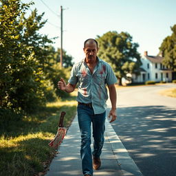 A man walking along the side of the road in summer, carrying a bloody machete in his hand