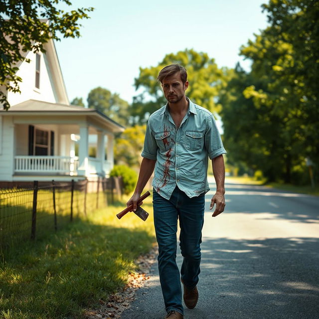 A man walking along the side of the road in summer, carrying a bloody machete in his hand