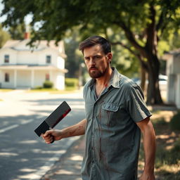 A man walking along the side of the road in summer, carrying a bloody machete in his hand