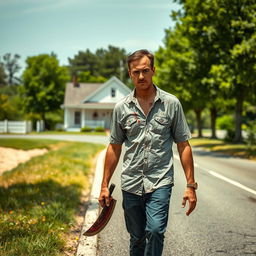 A man walking along the side of the road in summer, carrying a bloody machete in his hand