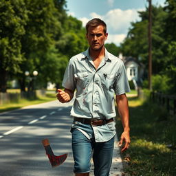 A man walking along the side of the road in summer, carrying a bloody machete in his hand