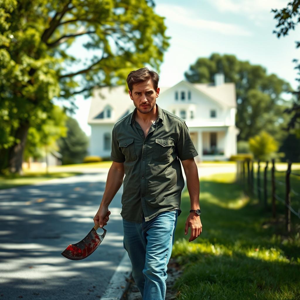 A man walking along the side of the road in summer, carrying a bloody machete in his hand