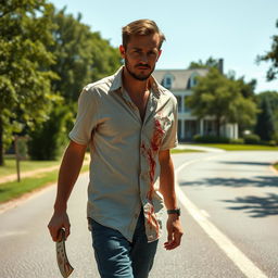 A man walking along the side of the road in summer, carrying a bloody machete in his hand