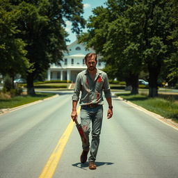 A man walking along the side of the road in summer, carrying a bloody machete in his hand